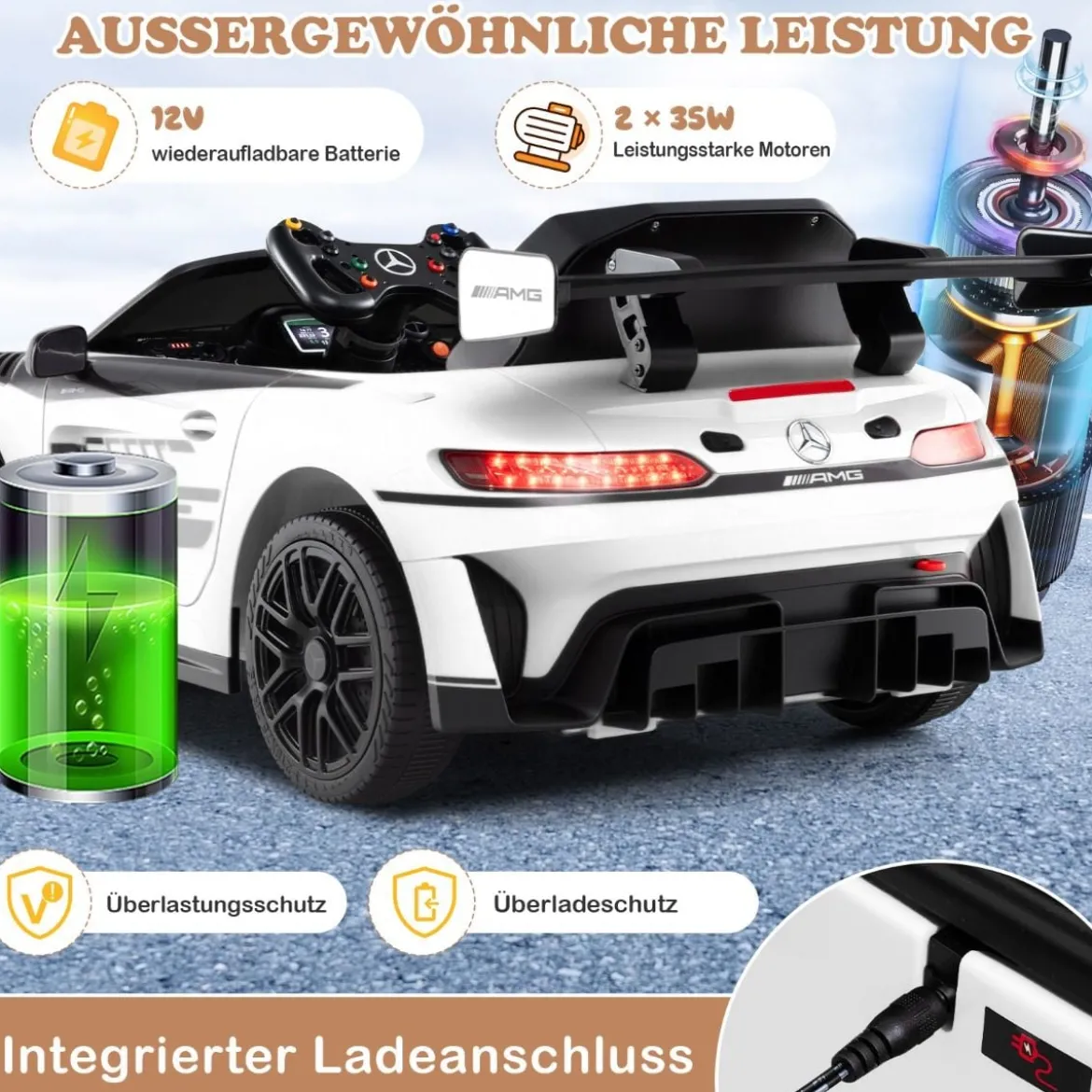 Ride-on-Auto lizenziertes Mercedes-AMG GT3 Kinderauto mit Fernbedienung 3 Geschwindigkeiten Weiß