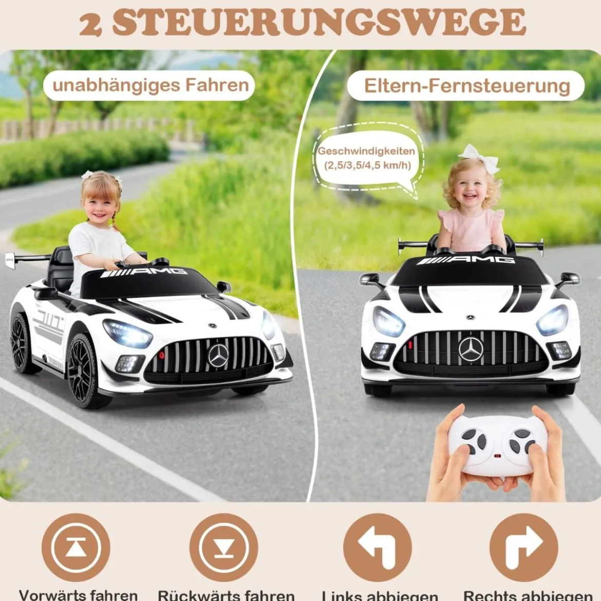 Ride-on-Auto lizenziertes Mercedes-AMG GT3 Kinderauto mit Fernbedienung 3 Geschwindigkeiten Weiß