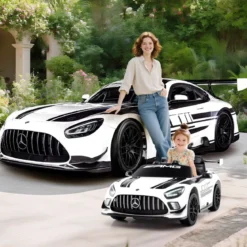 Ride-on-Auto lizenziertes Mercedes-AMG GT3 Kinderauto mit Fernbedienung 3 Geschwindigkeiten Weiß