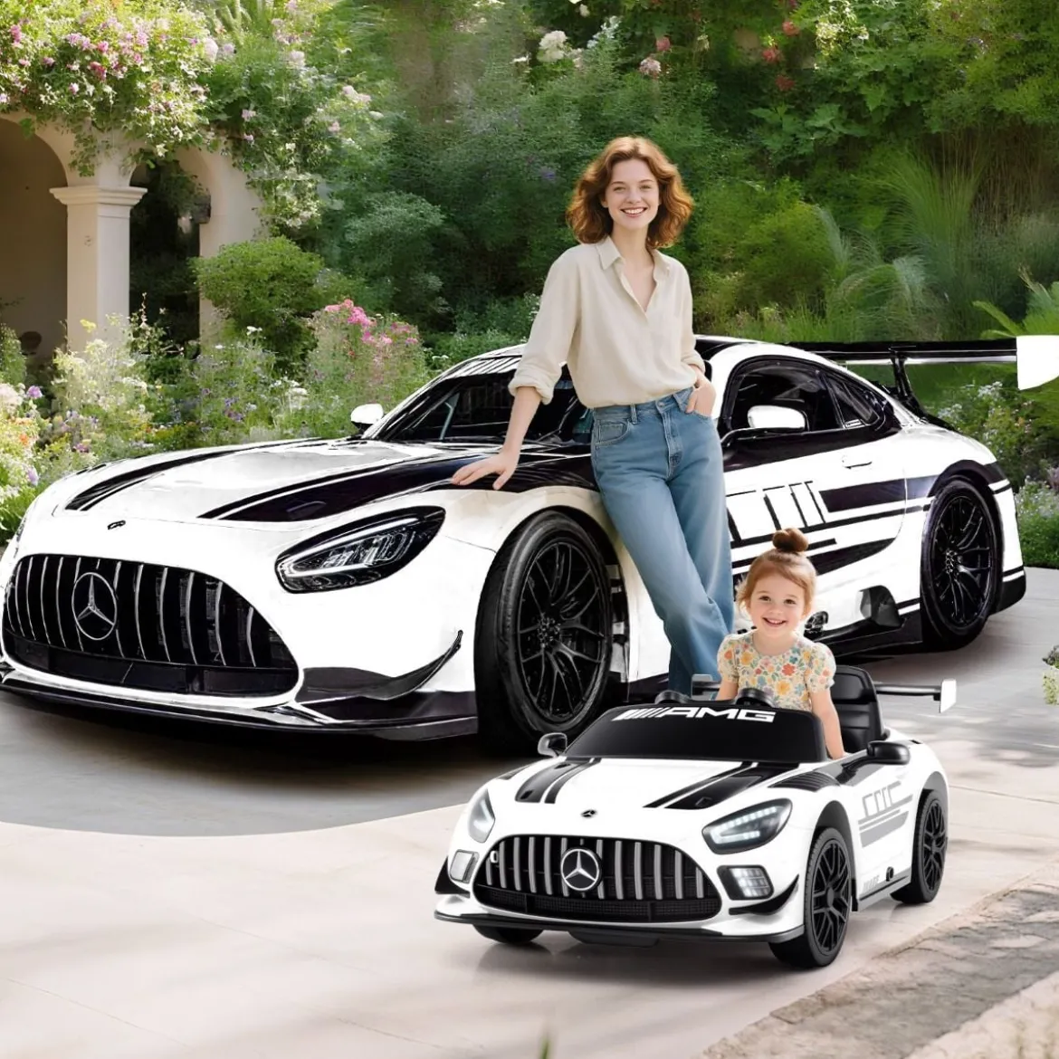 Ride-on-Auto lizenziertes Mercedes-AMG GT3 Kinderauto mit Fernbedienung 3 Geschwindigkeiten Weiß