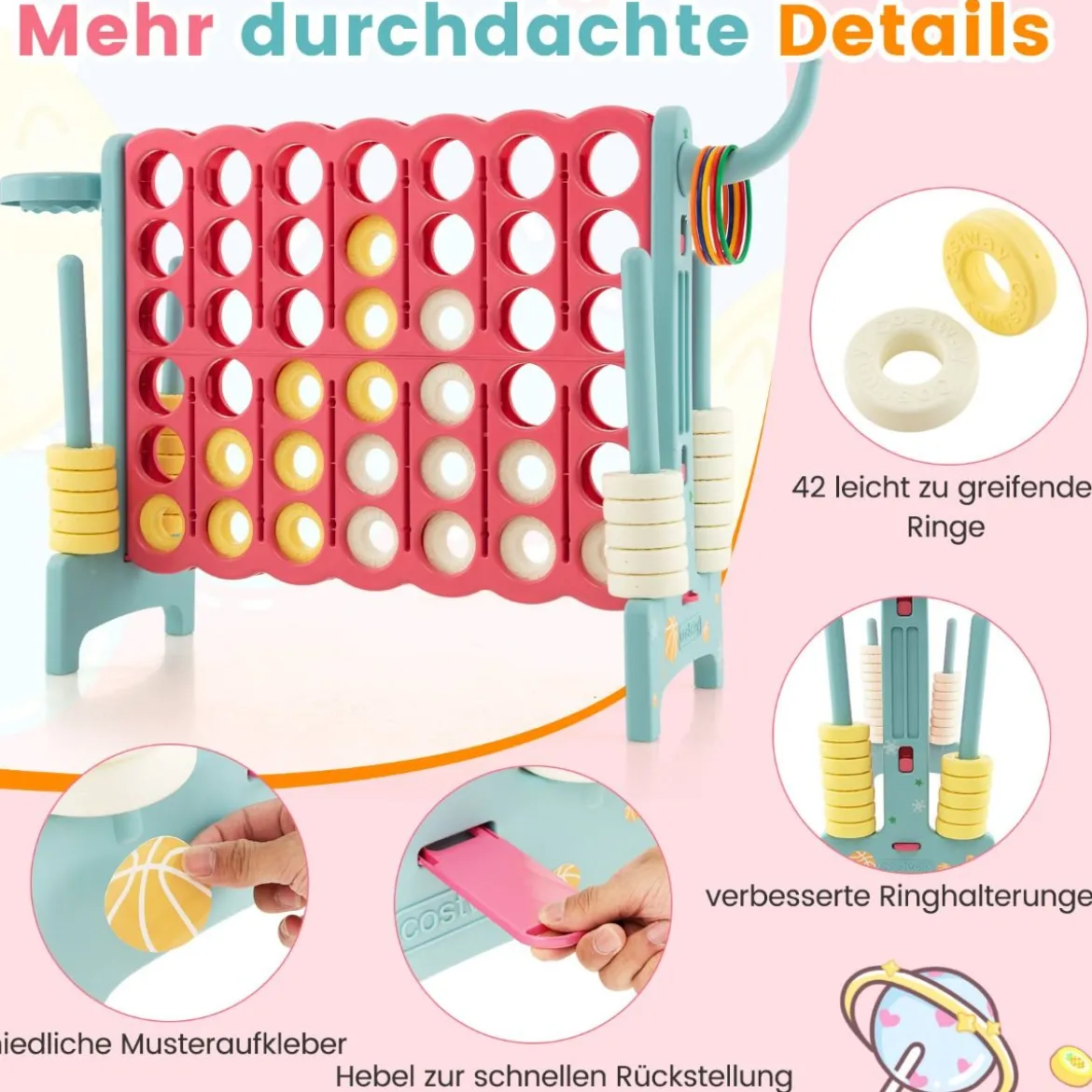 Riesiges 4-Gewinnt-Spiel erweitertes 4-Gewinnt-Spielset mit Basketballkorb und Wurfring Hellblau/Rosa