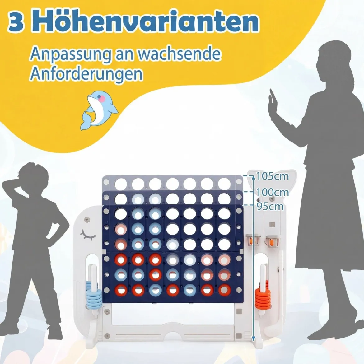 Riesiges 4 Gewinnt Spiel im Wal-Design Höhenverstellbares Kinderspielzeug mit 42 Jumbo-Ringen Dunkelblau