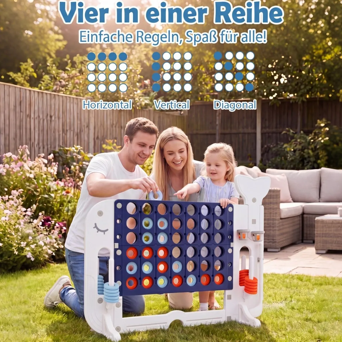 Riesiges 4 Gewinnt Spiel im Wal-Design Höhenverstellbares Kinderspielzeug mit 42 Jumbo-Ringen Dunkelblau
