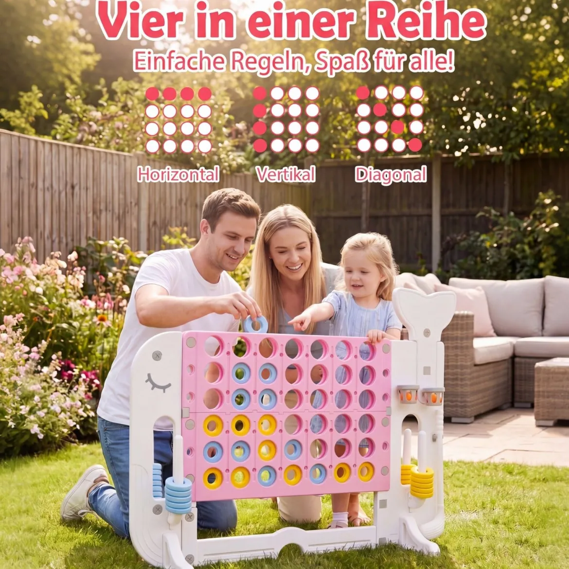 Riesiges 4 Gewinnt Spiel im Wal-Design Höhenverstellbares Kinderspielzeug mit 42 Jumbo-Ringen Rosa