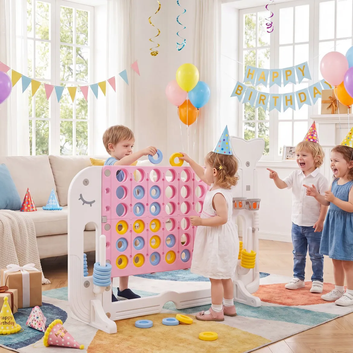 Riesiges 4 Gewinnt Spiel im Wal-Design Höhenverstellbares Kinderspielzeug mit 42 Jumbo-Ringen Rosa