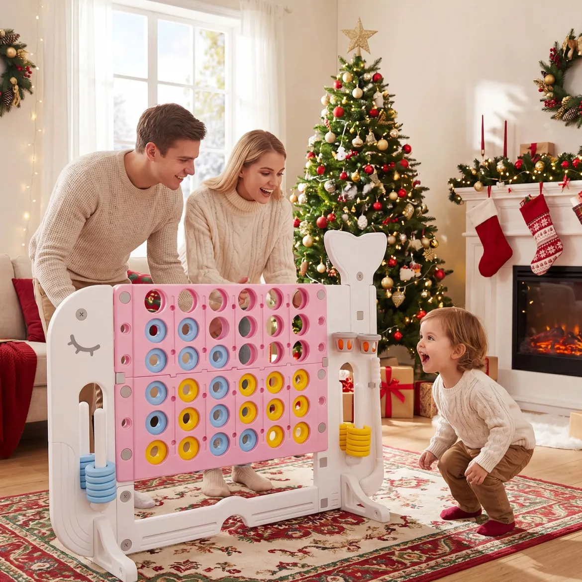 Riesiges 4 Gewinnt Spiel im Wal-Design Höhenverstellbares Kinderspielzeug mit 42 Jumbo-Ringen Rosa