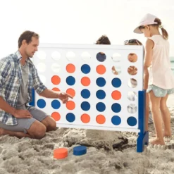 Riesiges 4 Gewinnt Spielset Holzrahmen inkl. 42 Jumbo Ringen & Schieberegler Weiß + Blau