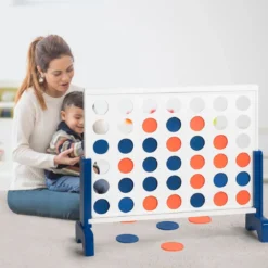 Riesiges 4 Gewinnt Spielset Holzrahmen inkl. 42 Jumbo Ringen & Schieberegler Weiß + Blau