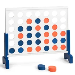 Riesiges 4 Gewinnt Spielset Holzrahmen inkl. 42 Jumbo Ringen & Schieberegler Weiß + Blau