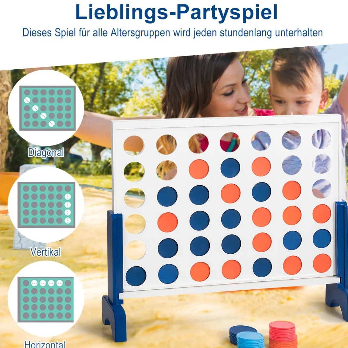 Riesiges 4 Gewinnt Spielset Holzrahmen inkl. 42 Jumbo Ringen & Schieberegler Weiß + Blau