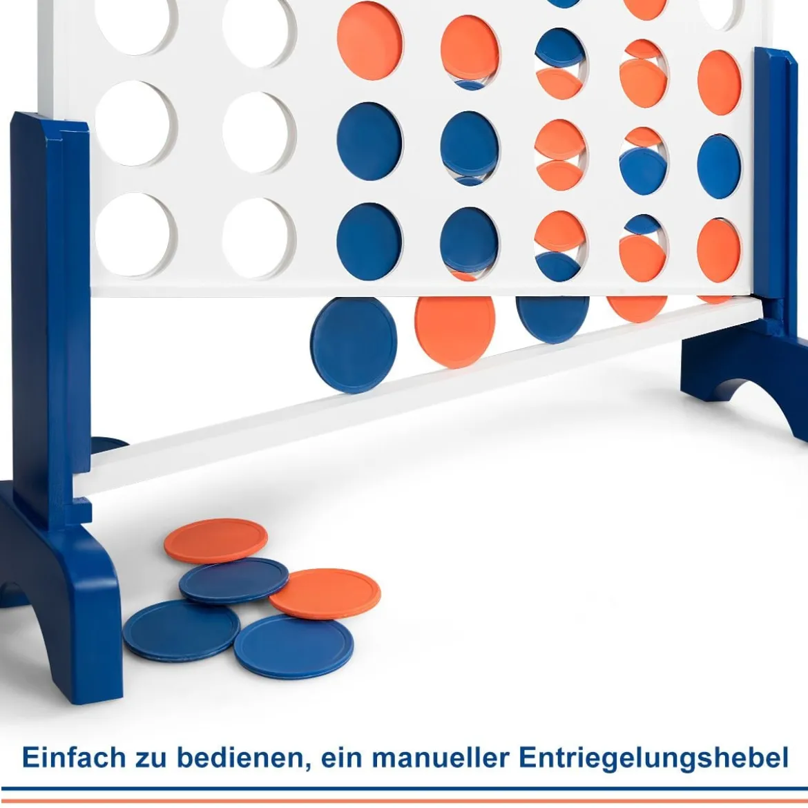 Riesiges 4 Gewinnt Spielset Holzrahmen inkl. 42 Jumbo Ringen & Schieberegler Weiß + Blau