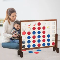 Riesiges 4 Gewinnt Spielset Holzrahmen inkl. 42 Jumbo Ringen & Schieberegler Braun