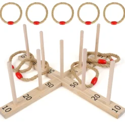 Ringwurfspiel aus Holz mit 5 Seilringen & 9 Holzstab für Kinder & Erwachsen 50 x 50 x 17 cm