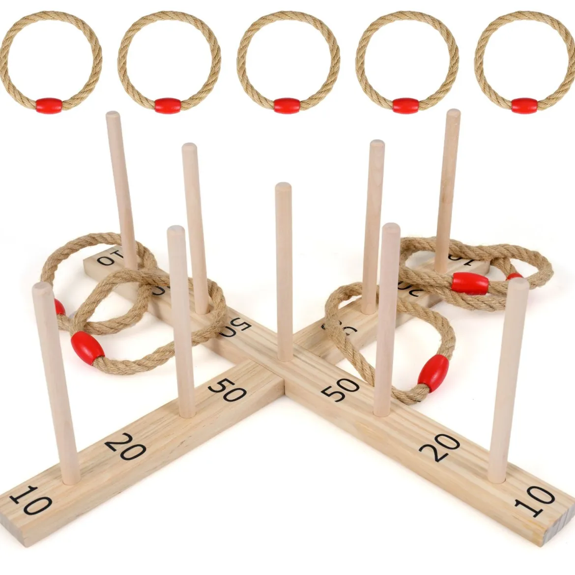 Ringwurfspiel aus Holz mit 5 Seilringen & 9 Holzstab für Kinder & Erwachsen 50 x 50 x 17 cm