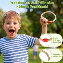Ringwurfspiel aus Holz mit 5 Seilringen & 9 Holzstab für Kinder & Erwachsen 50 x 50 x 17 cm