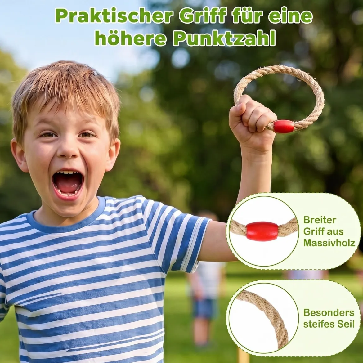 Ringwurfspiel aus Holz mit 5 Seilringen & 9 Holzstab für Kinder & Erwachsen 50 x 50 x 17 cm