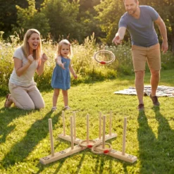 Ringwurfspiel aus Holz mit 5 Seilringen & 9 Holzstab für Kinder & Erwachsen 50 x 50 x 17 cm