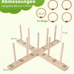 Ringwurfspiel aus Holz mit 5 Seilringen & 9 Holzstab für Kinder & Erwachsen 50 x 50 x 17 cm