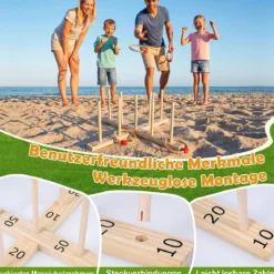 Ringwurfspiel aus Holz mit 5 Seilringen & 9 Holzstab für Kinder & Erwachsen 50 x 50 x 17 cm