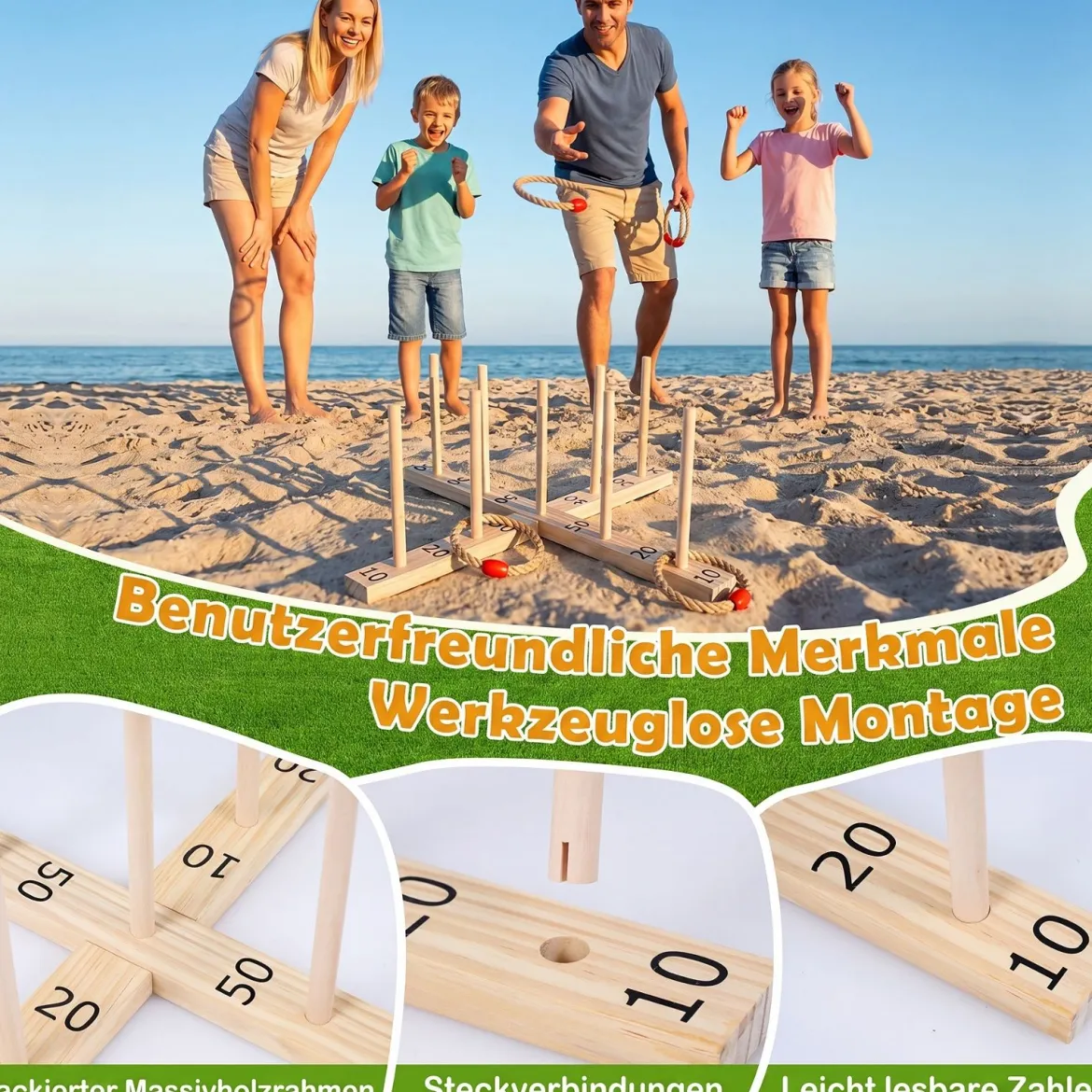 Ringwurfspiel aus Holz mit 5 Seilringen & 9 Holzstab für Kinder & Erwachsen 50 x 50 x 17 cm