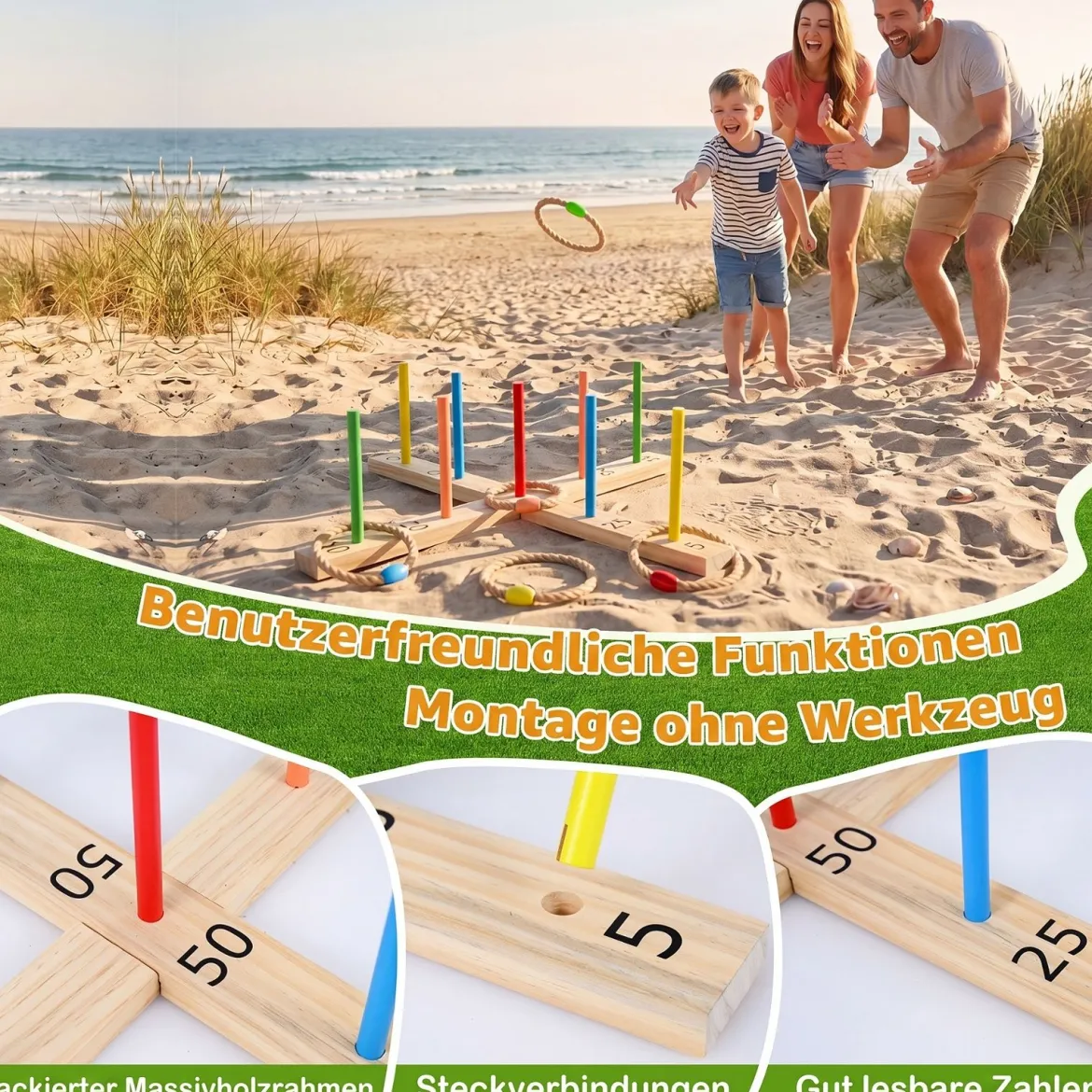 Ringwurfspiel aus Massivholz Outdoor Gartenspiel mit Wurfringen 50 x 50 x 14 cm Natur