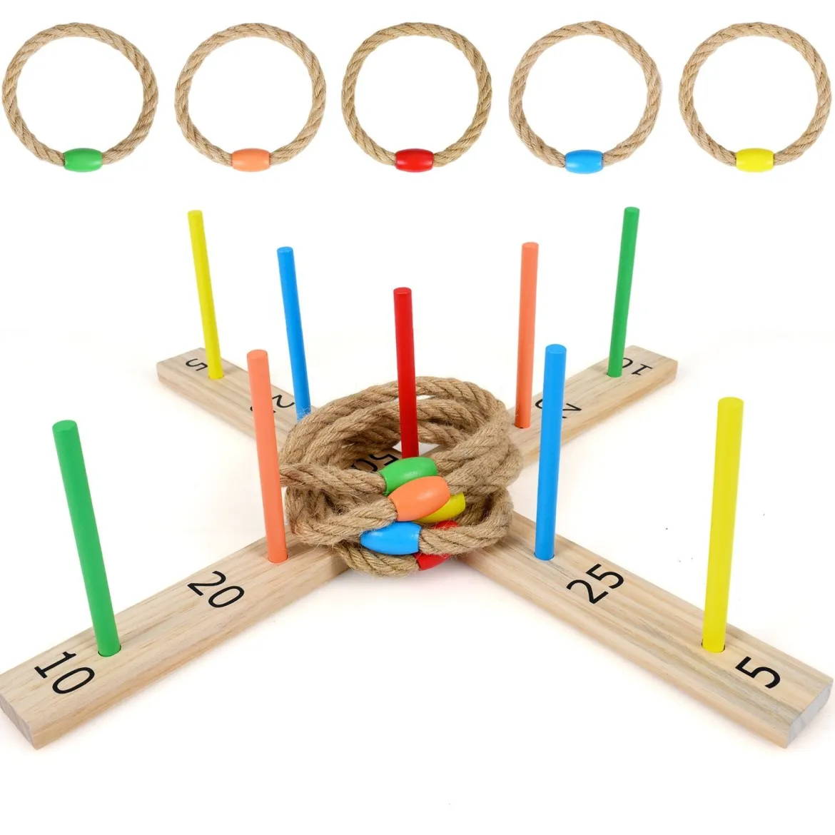Ringwurfspiel aus Massivholz Outdoor Gartenspiel mit Wurfringen 50 x 50 x 14 cm Natur