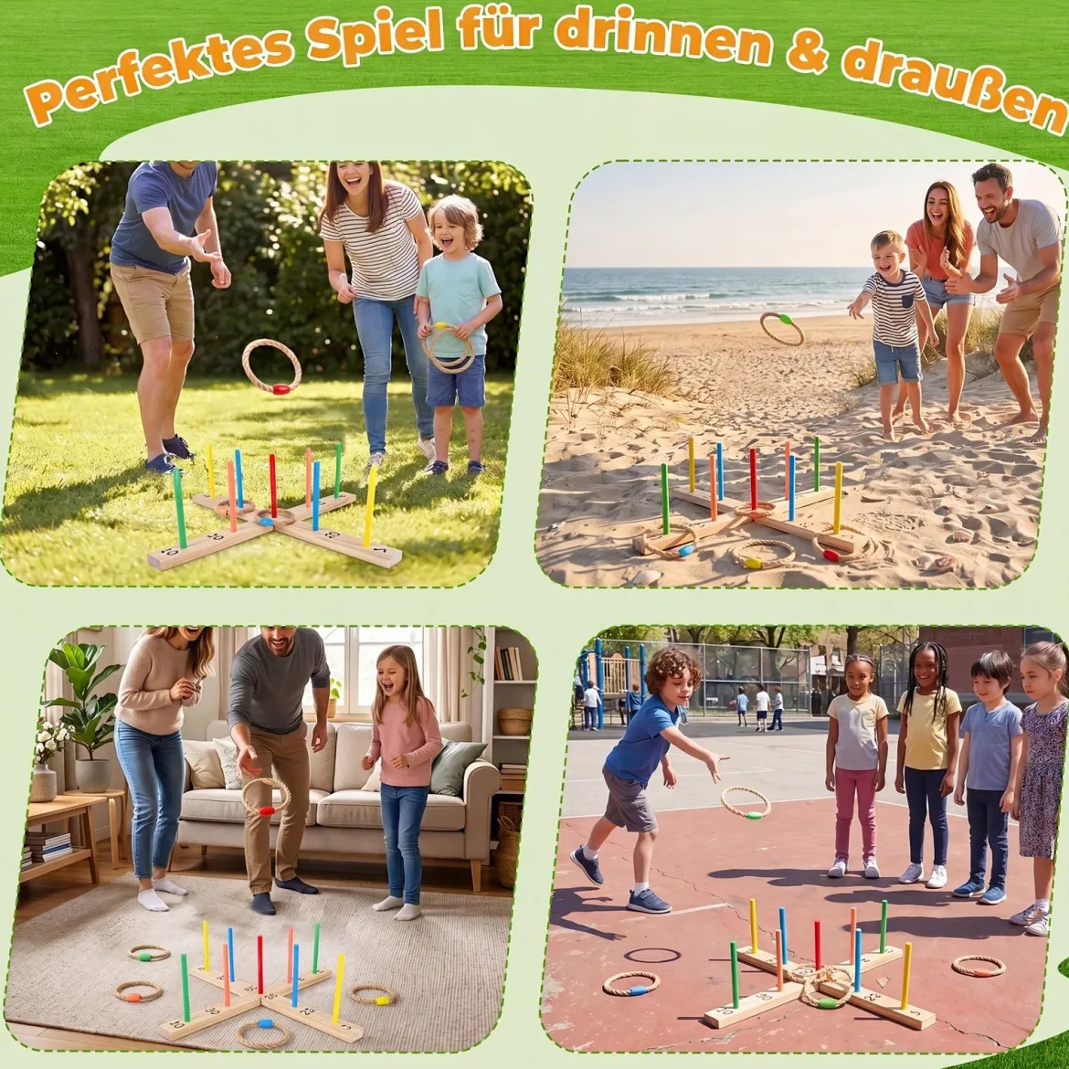 Ringwurfspiel aus Massivholz Outdoor Gartenspiel mit Wurfringen 50 x 50 x 14 cm Natur