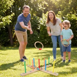 Ringwurfspiel aus Massivholz Outdoor Gartenspiel mit Wurfringen 50 x 50 x 14 cm Natur