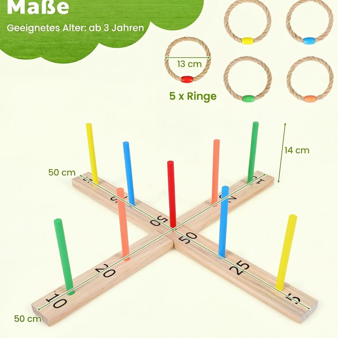Ringwurfspiel aus Massivholz Outdoor Gartenspiel mit Wurfringen 50 x 50 x 14 cm Natur