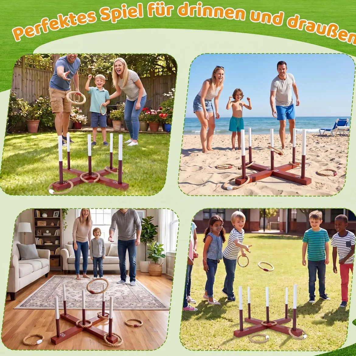 Ringwurfspiel mit Lackiertem Holzrahmen für Drinnen & Draußen 40 x 40 x 22 cm Rotbraun