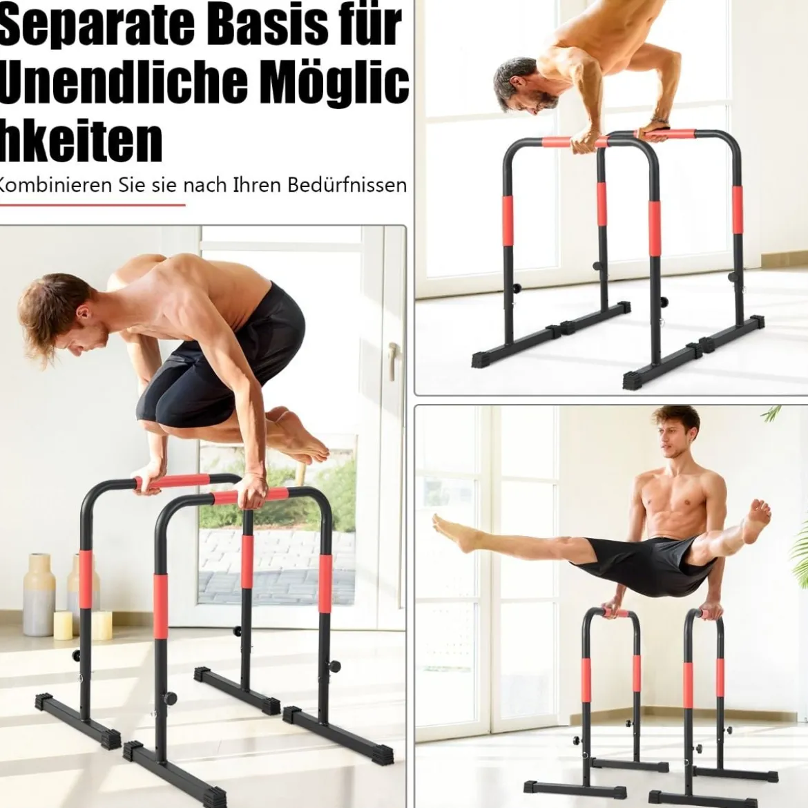 Robuste Dip-Stationen aus Stahl mit 3-stufig Verstellbarer Höhe & 2 Sicherheitsverbinder Schwarz