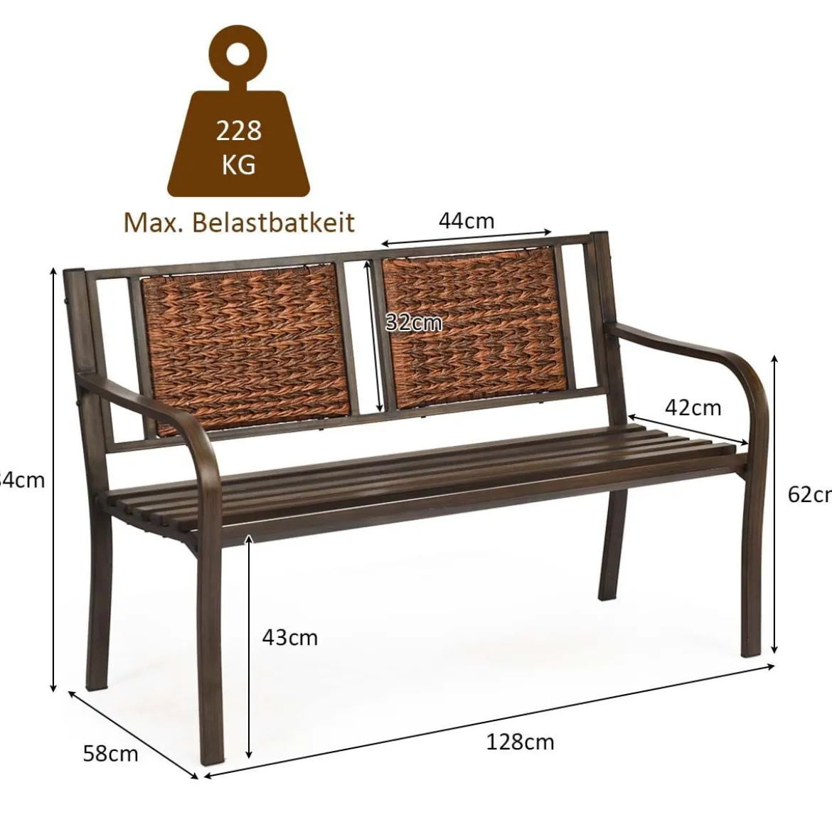 Robuste Parkbank Eisenbank aus Stahlrahmen Gartenbank 128 x 58 x 84 cm Bronze