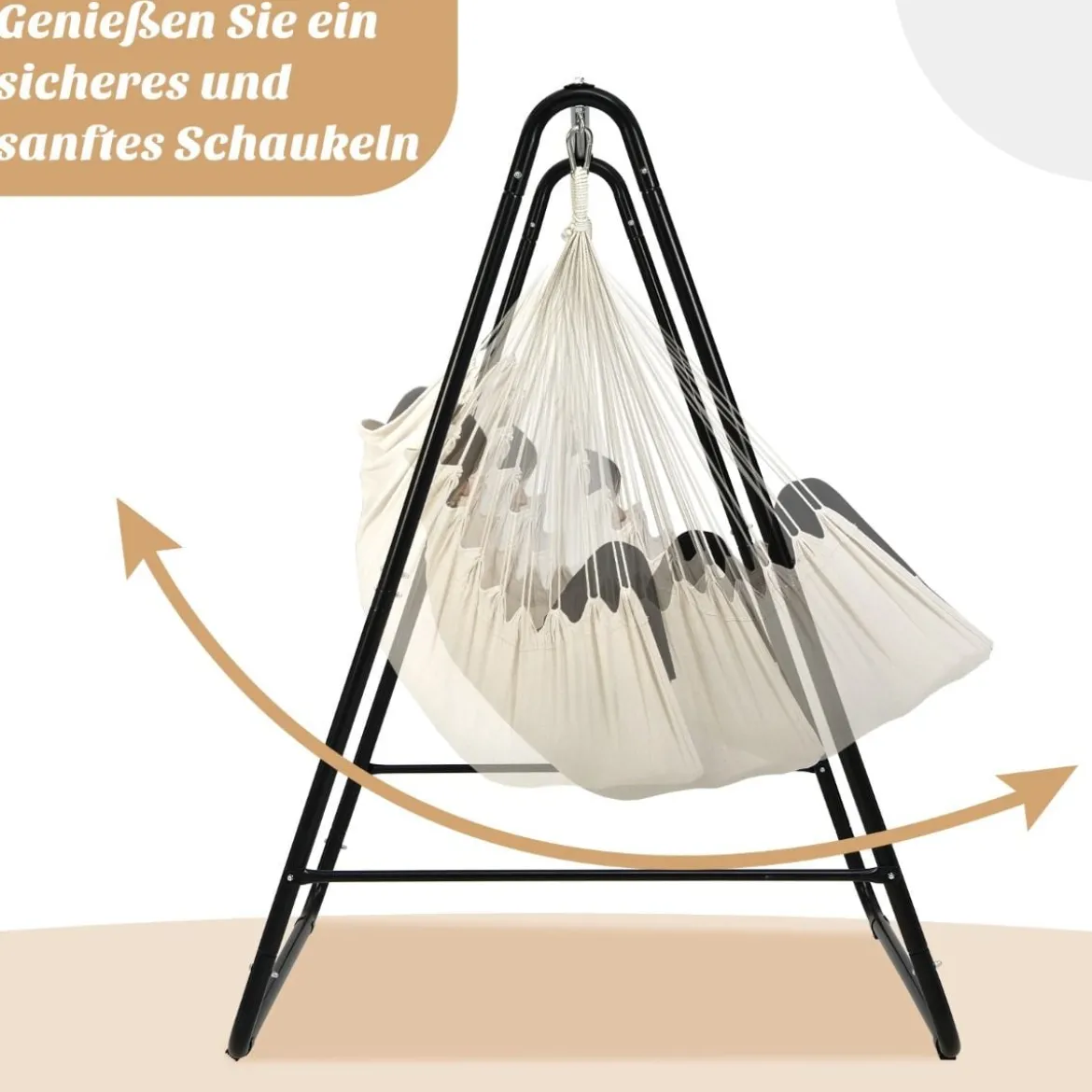 Robuster Stahl Hängeschaukel mit Ständer für drinnen und draußen 125 x 114 x 165 cm Beige
