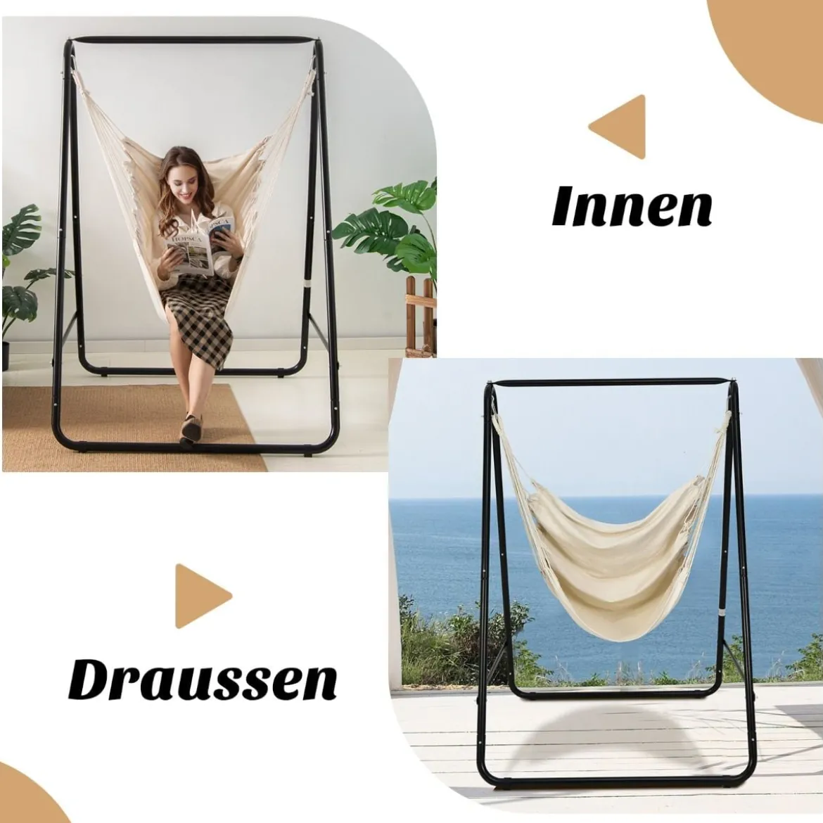 Robuster Stahl Hängeschaukel mit Ständer für drinnen und draußen 125 x 114 x 165 cm Beige