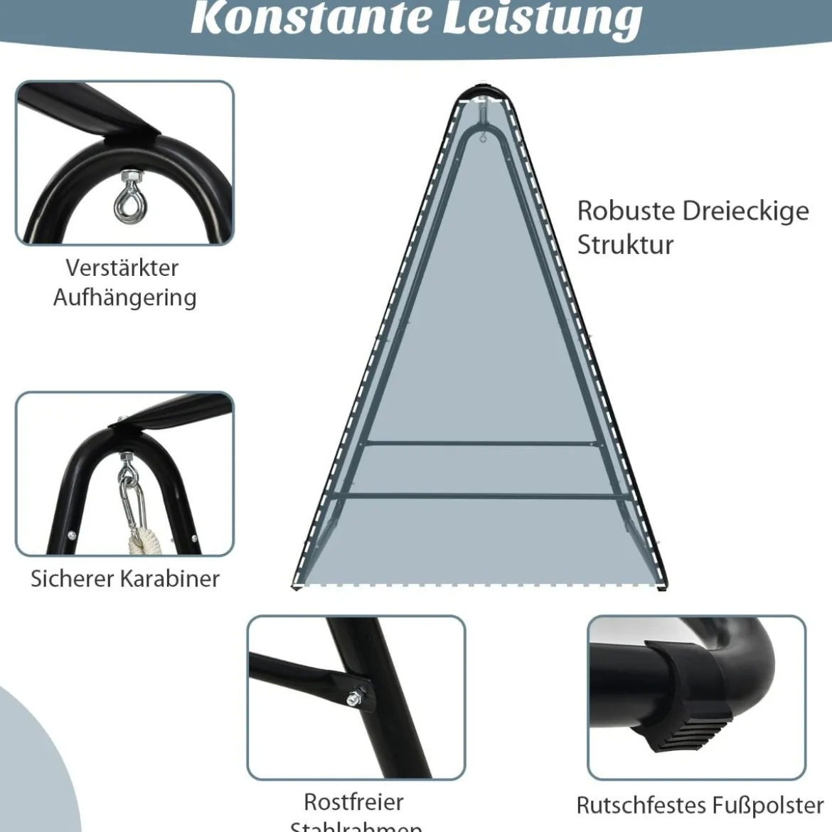 Robuster Stahl Hängeschaukel mit Ständer für drinnen und draußen 125 x 114 x 165 cm Grau