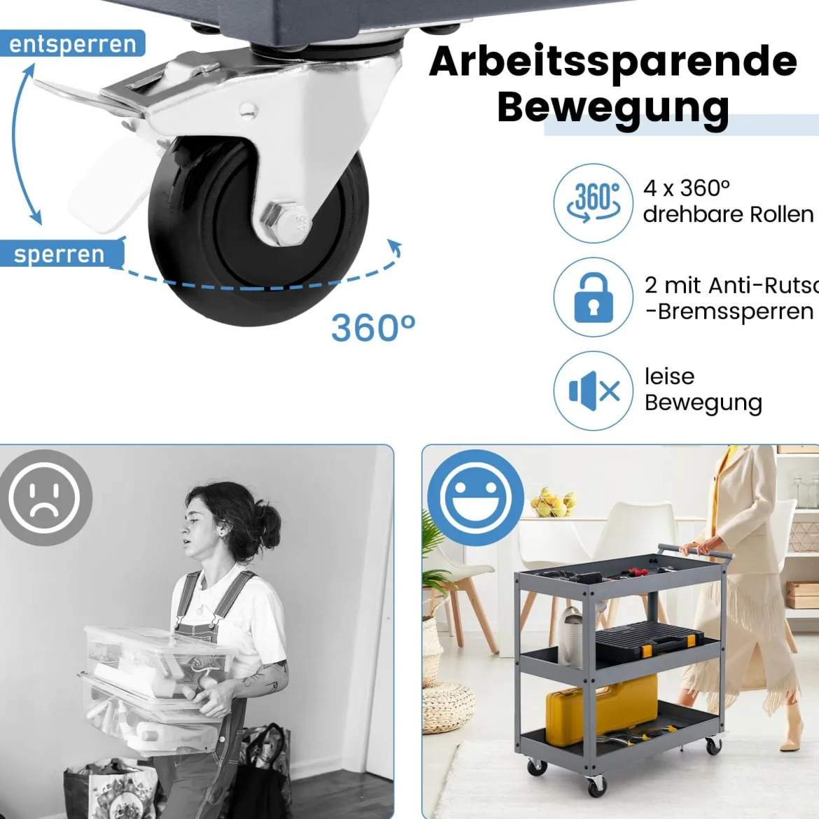 Robuster 3-stöckiger Trolley rollender Transportwagen aus Metall mit 3 Ablagen und ergonomischem Griff Grau