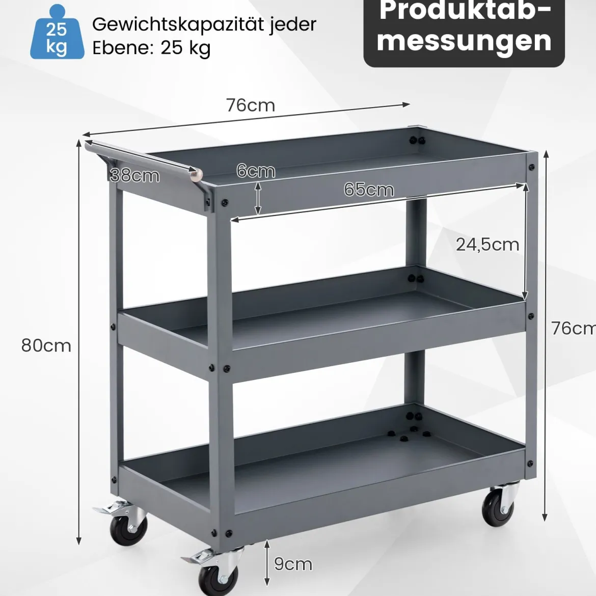 Robuster 3-stöckiger Trolley rollender Transportwagen aus Metall mit 3 Ablagen und ergonomischem Griff Grau