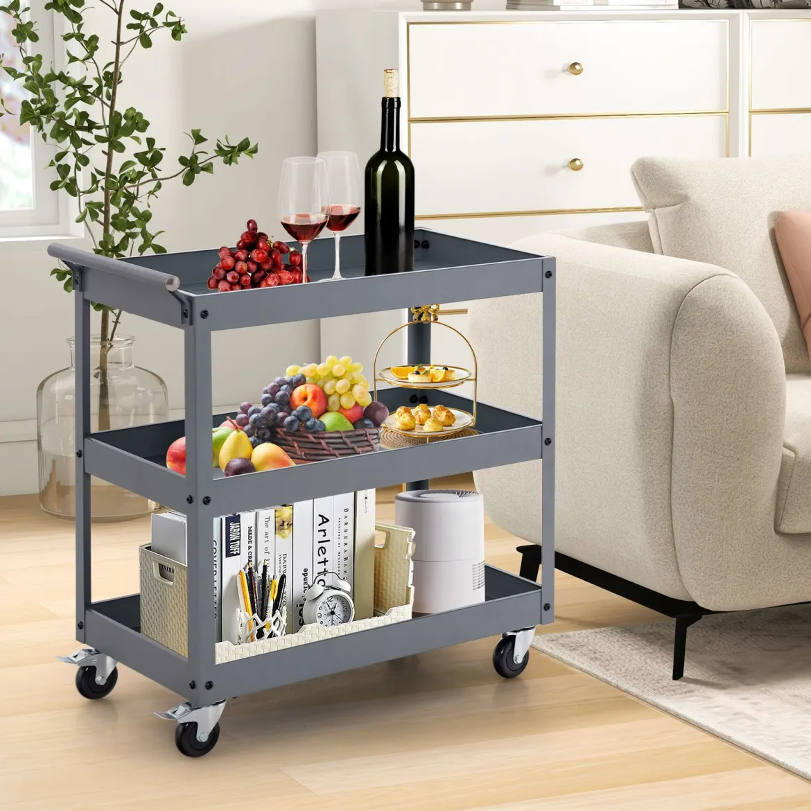 Robuster 3-stöckiger Trolley rollender Transportwagen aus Metall mit 3 Ablagen und ergonomischem Griff Grau