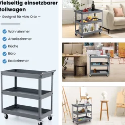 Robuster 3-stöckiger Trolley rollender Transportwagen aus Metall mit 3 Ablagen und ergonomischem Griff Grau