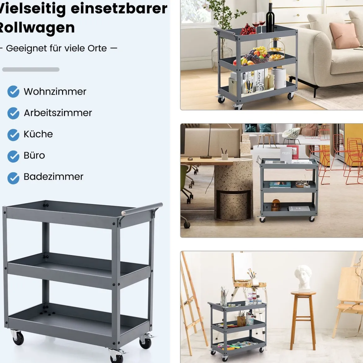 Robuster 3-stöckiger Trolley rollender Transportwagen aus Metall mit 3 Ablagen und ergonomischem Griff Grau