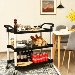 Robuster 3 stufiger Servicewagen mit humanisierten Griffen viel Stauraum & flexiblen Rädern mit Bremssystem Schwarz