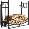 Robustes Brennholzregal & Werkzeugsetmit Anzündholzhaltern & Schaufel 91x33x76cm Schwarz