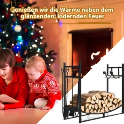 Robustes Brennholzregal & Werkzeugsetmit Anzündholzhaltern & Schaufel 91x33x76cm Schwarz