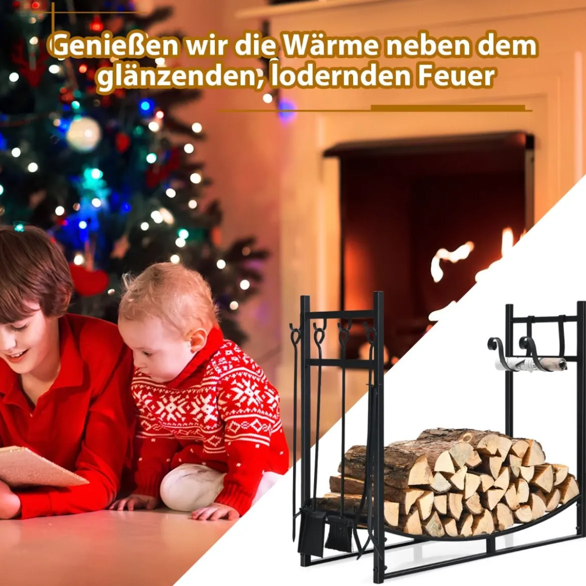 Robustes Brennholzregal & Werkzeugsetmit Anzündholzhaltern & Schaufel 91x33x76cm Schwarz