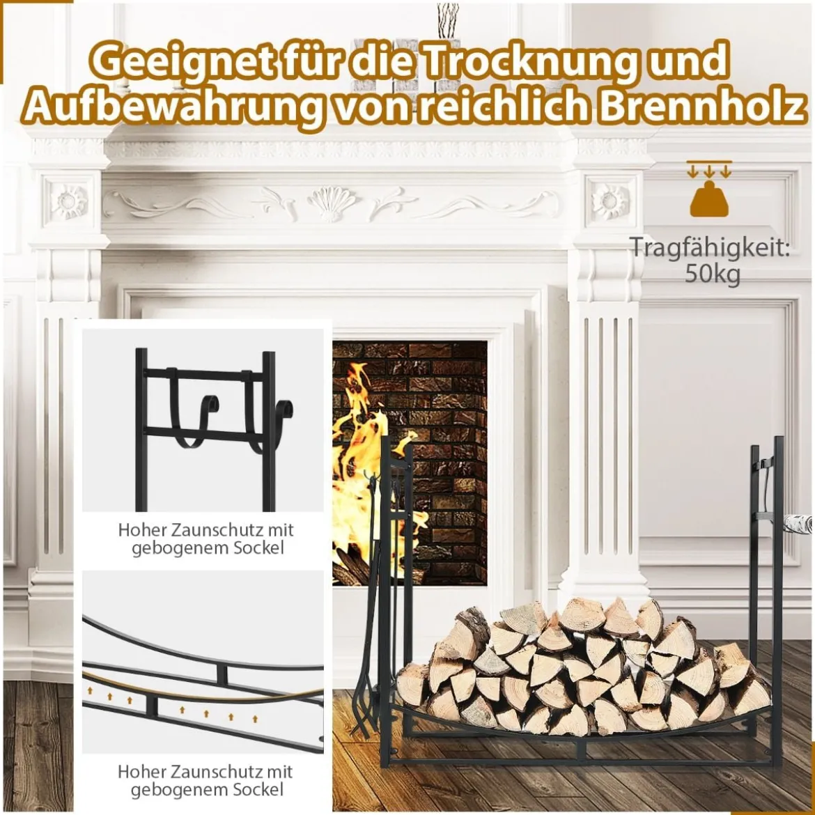 Robustes Brennholzregal & Werkzeugsetmit Anzündholzhaltern & Schaufel 91x33x76cm Schwarz