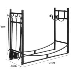 Robustes Brennholzregal & Werkzeugsetmit Anzündholzhaltern & Schaufel 91x33x76cm Schwarz