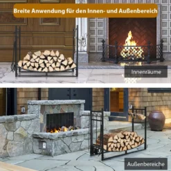 Robustes Brennholzregal & Werkzeugsetmit Anzündholzhaltern & Schaufel 91x33x76cm Schwarz
