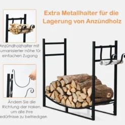 Robustes Kaminregal Brennholzregal mit abnehmbarem Anzündhalter 84 x 33 x 76 cm Schwarz