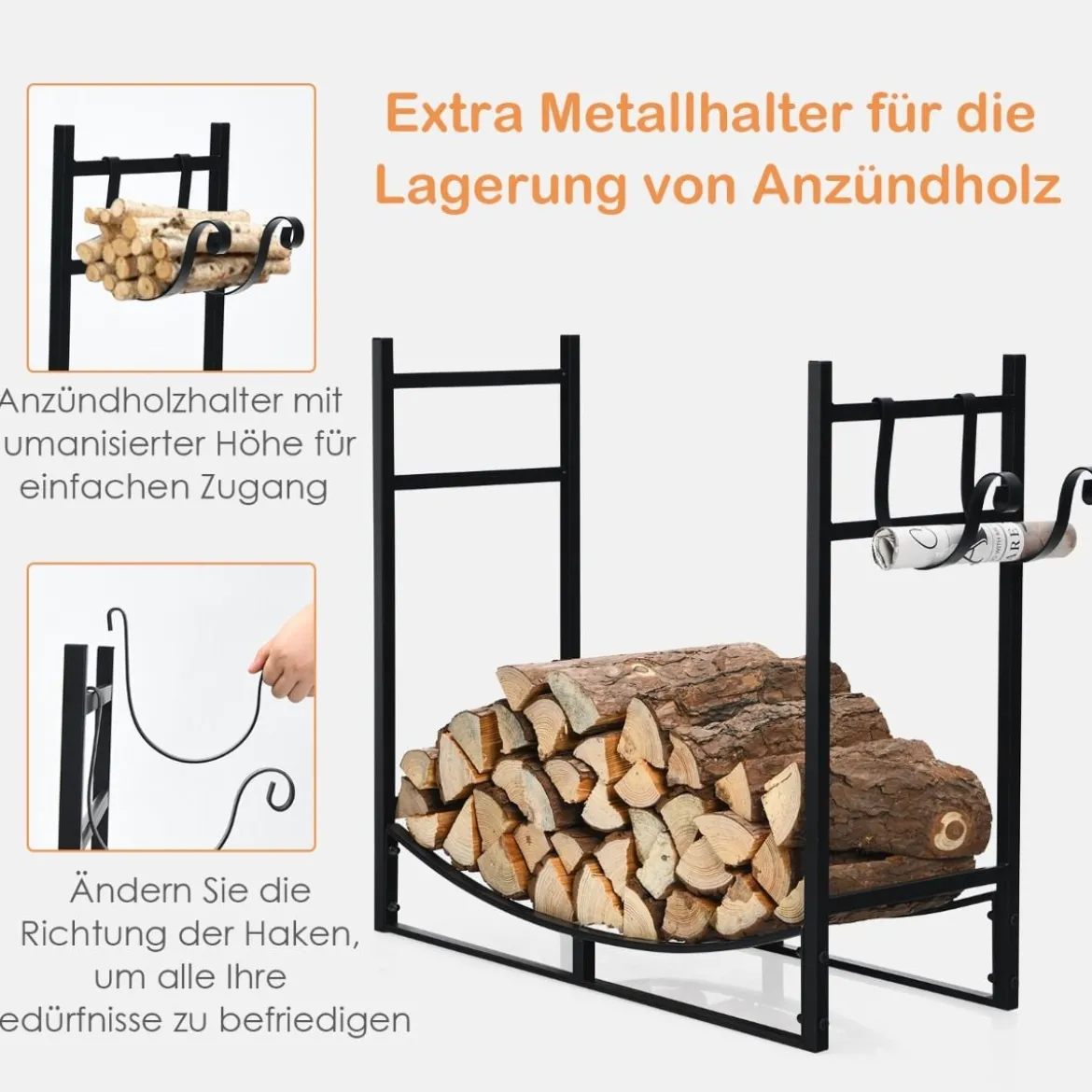 Robustes Kaminregal Brennholzregal mit abnehmbarem Anzündhalter 84 x 33 x 76 cm Schwarz