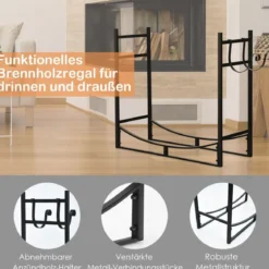 Robustes Kaminregal Brennholzregal mit abnehmbarem Anzündhalter 84 x 33 x 76 cm Schwarz